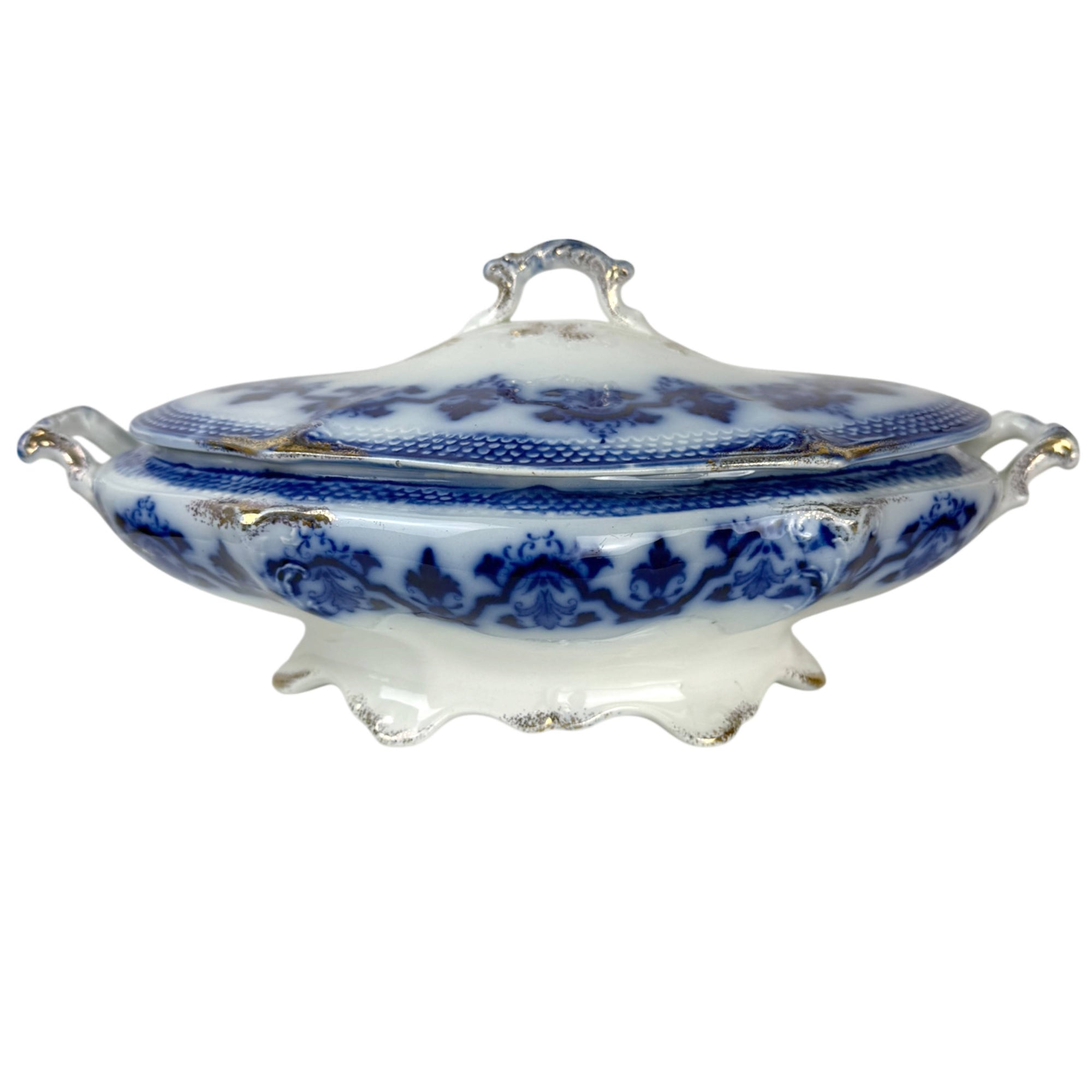 Antique W.H. Grindley Celtic flow blue covered vegetable bowl