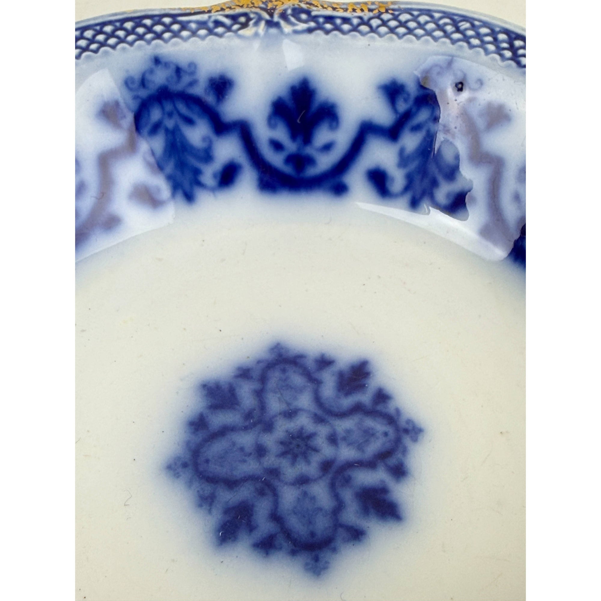 close up W.H. Grindley Celtic flow blue pattern
