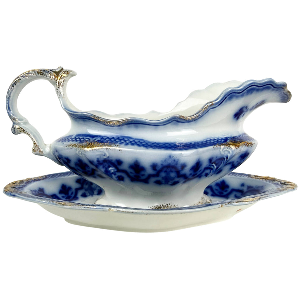Antique W.H. Grindley Celtic flow blue gravy boat and underplate