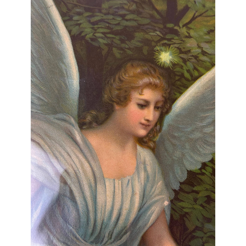 Antique Chromolithograph Guardian Angel Print Framed Under Glass, 19th c Italy 18” x 22”
