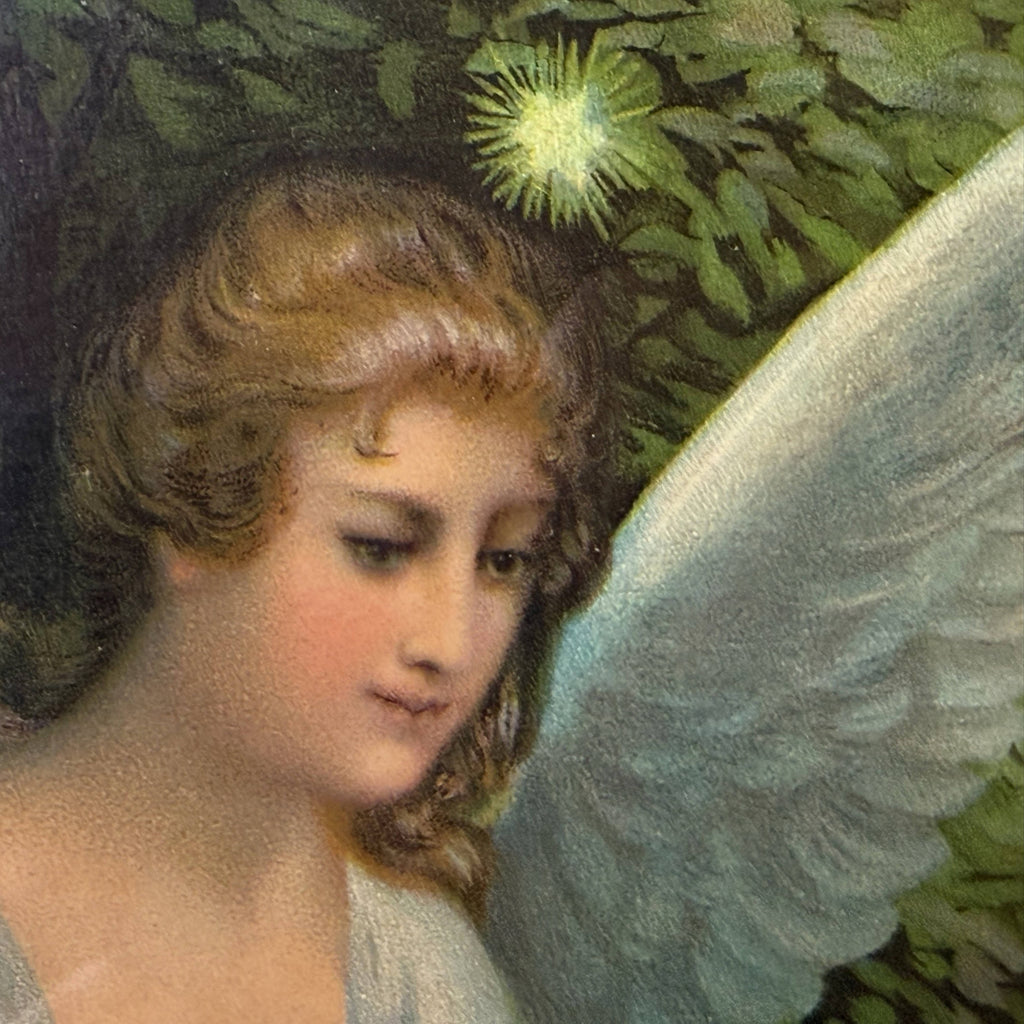 Antique Chromolithograph Guardian Angel Print Framed Under Glass, 19th c Italy 18” x 22”