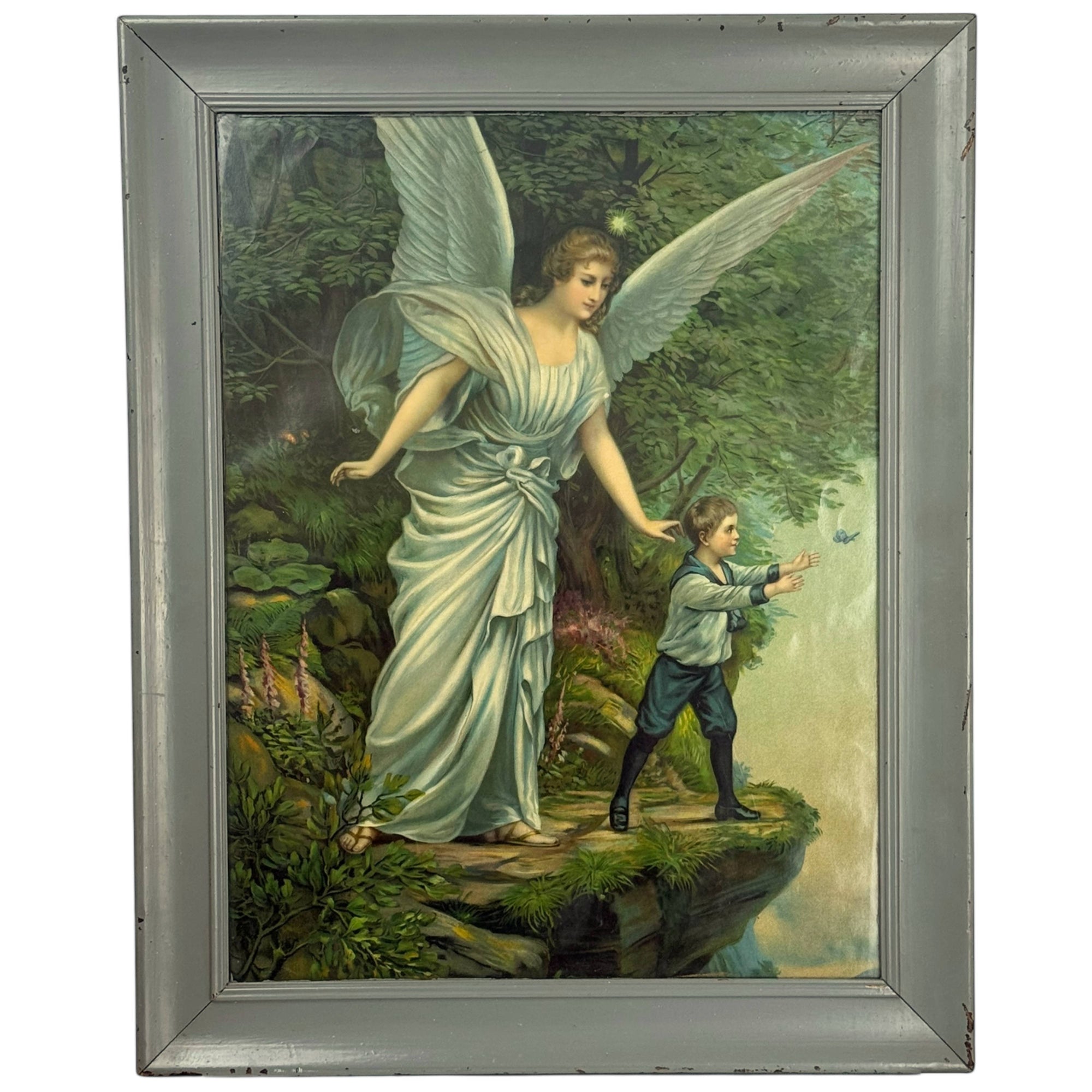Antique Chromolithograph Guardian Angel Print Framed Under Glass, 19th c Italy 18” x 22”