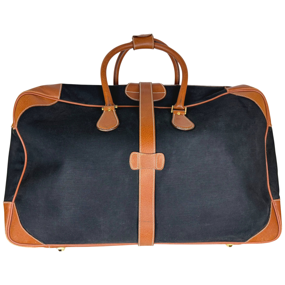 Vintage Gucci suitcase black canvas and tan leather rear view