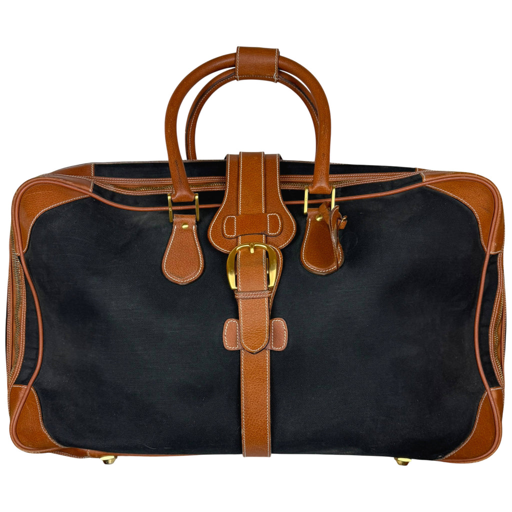 Vintage Gucci suitcase black canvas and tan leather front view