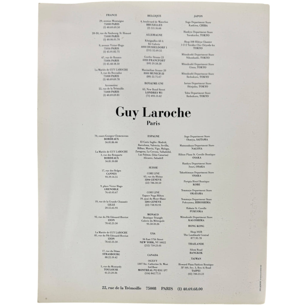 Guy Laroche Paris 1994 lookbook back cover boutique directory