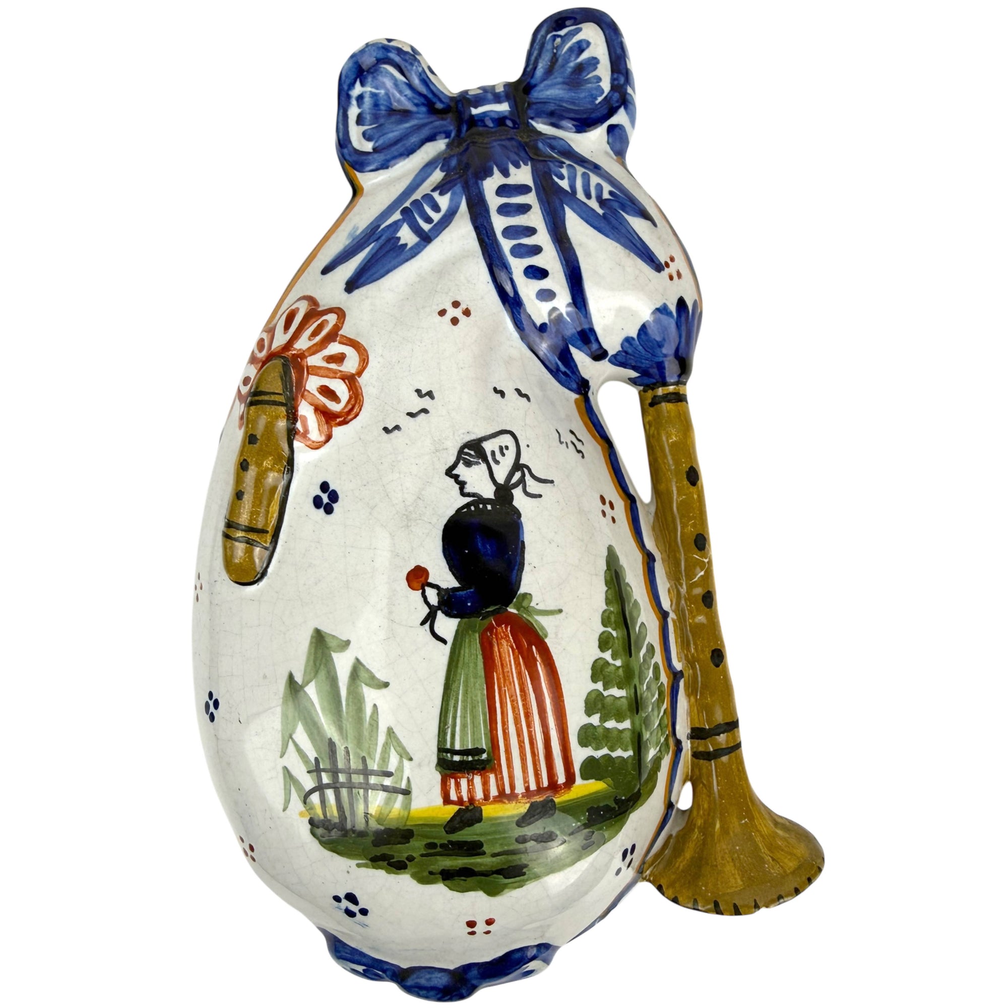 HB Quimper wall pocket bagpipe form vase Breton faience pottery