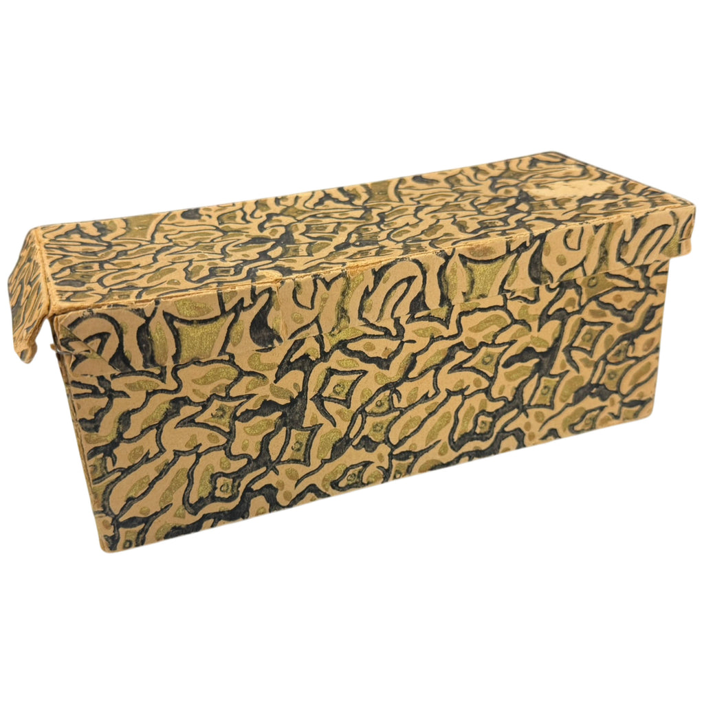 Vintage patterned cardboard presentation box with black floral design and metallic gold highlights