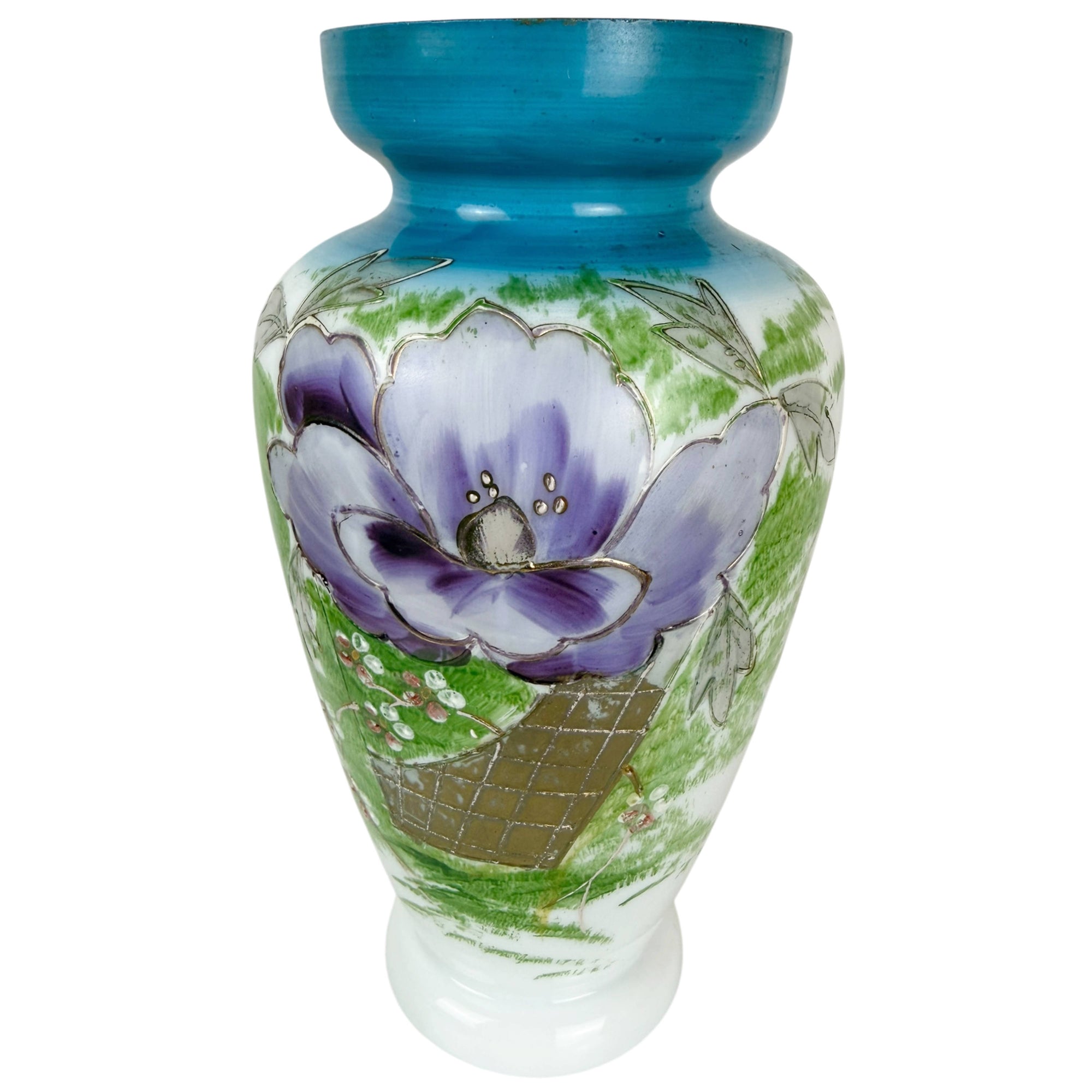 Antique opalescent white glass vase with hand-painted enamel flowers