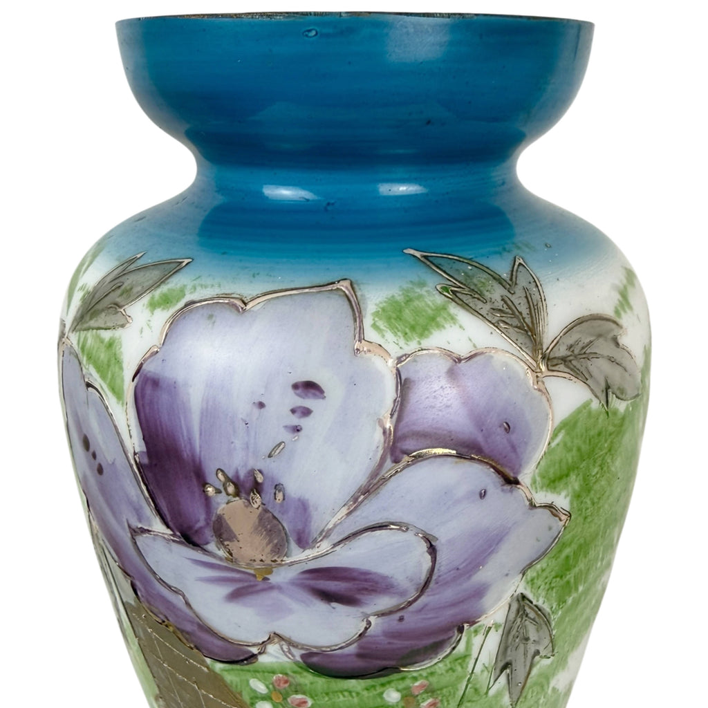 Close-up of floral enamel decoration on Bohemian art glass vase