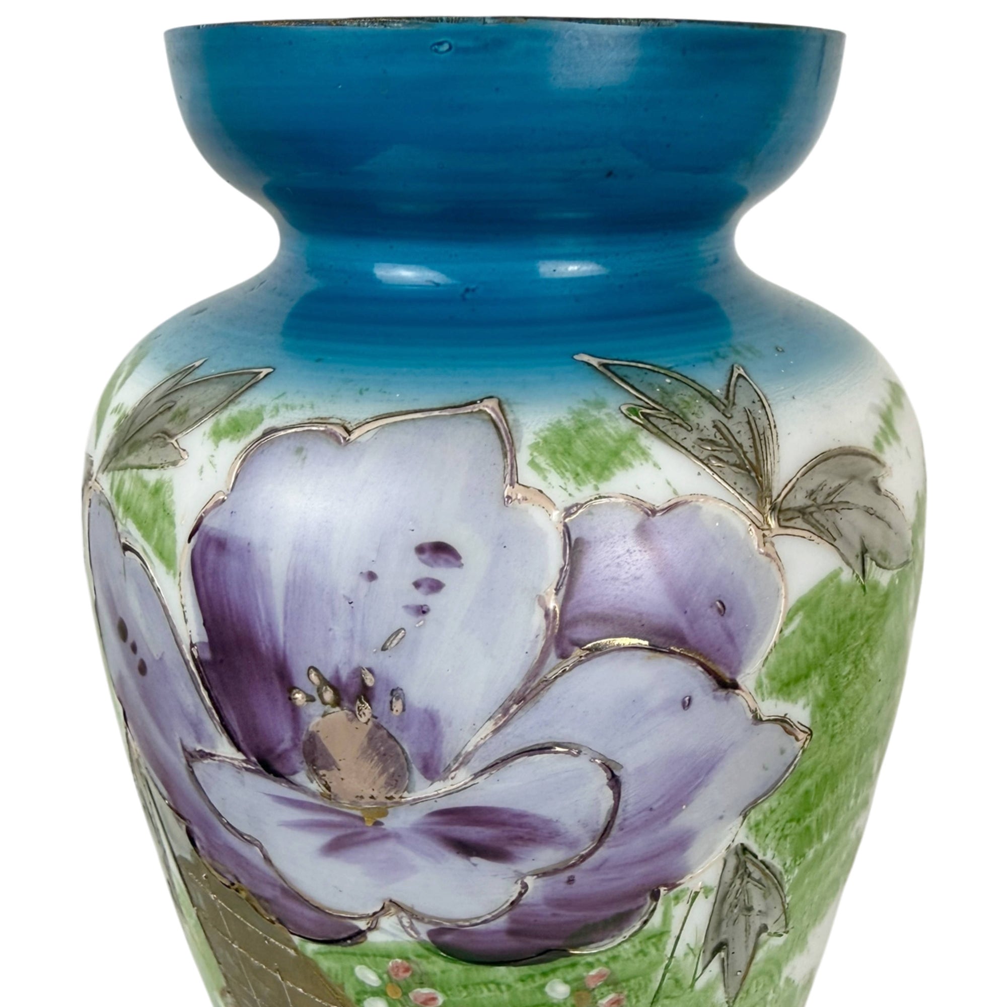 Close-up of floral enamel decoration on Bohemian art glass vase