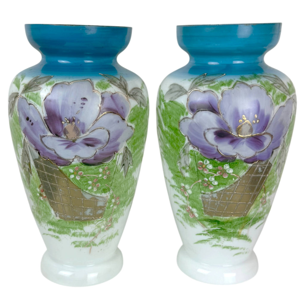 Pair of antique Bohemian hand painted white glass vases with purple floral decoration