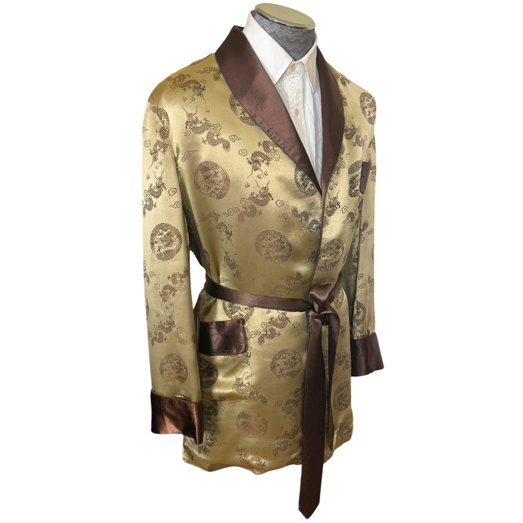 Vintage Smoking Jacket Gold Satin Longevity Brand Hangzhou China Size L XL