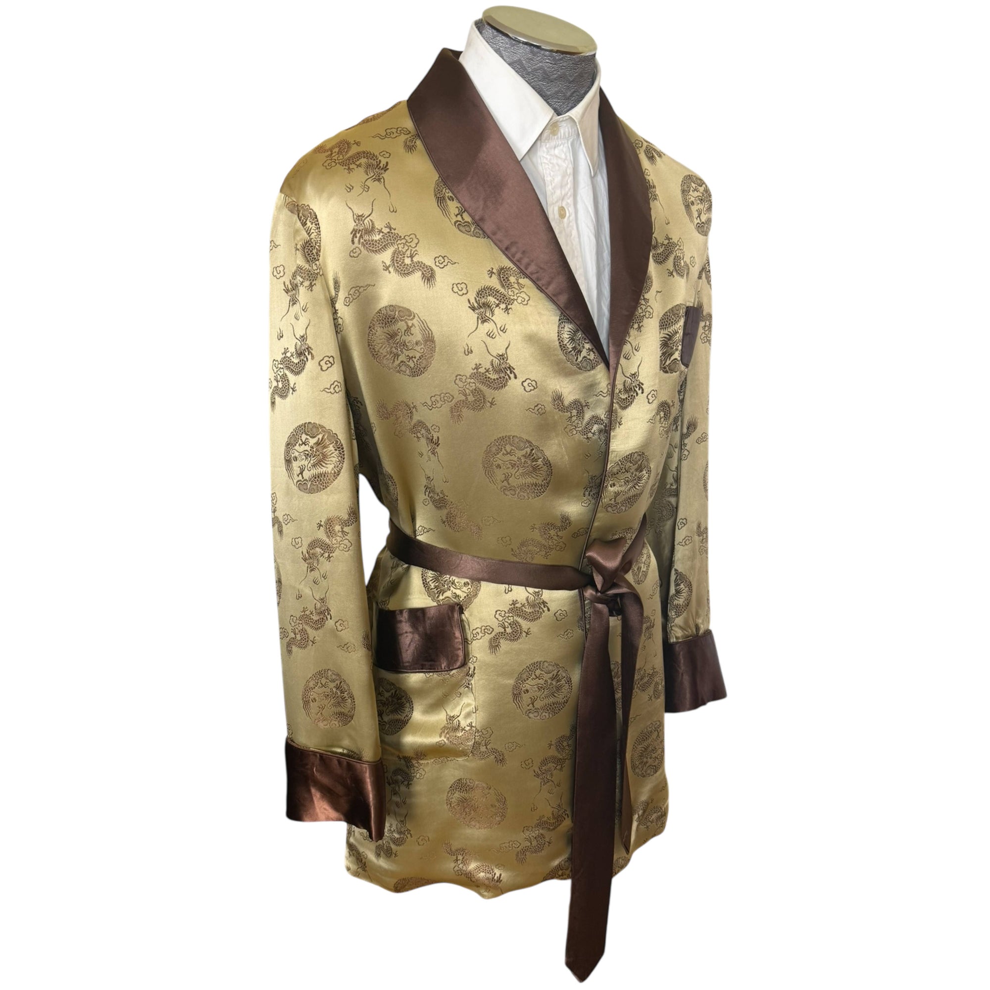 Vintage Smoking Jacket Gold Satin Longevity Brand Hangzhou China Size L XL