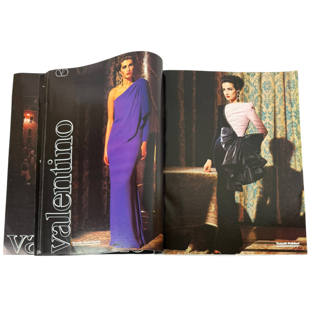 An vintage harper's bazaar magazine  spread showing  fashion photography. The left page has a large vertical 'Valentino' masthead and a model in a purple draped gown.