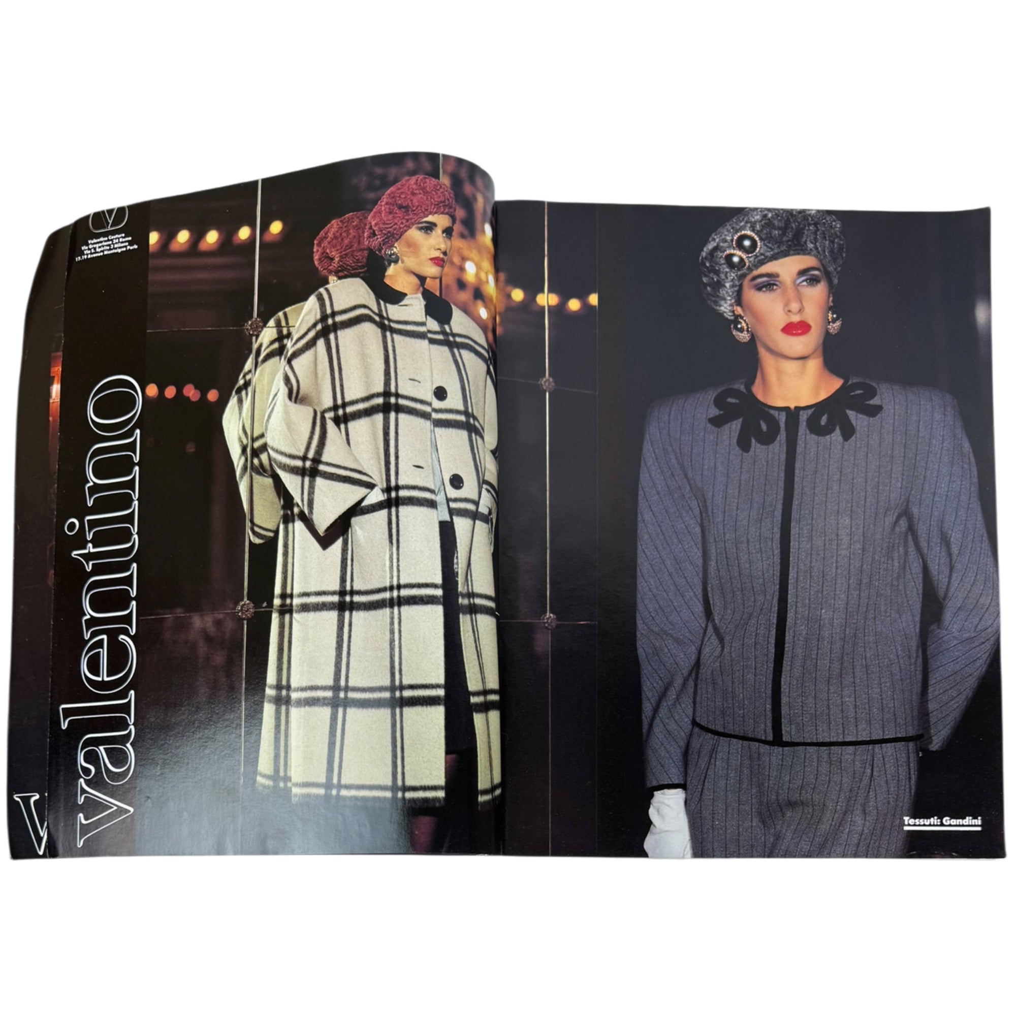 A vintage harper's bazaar Italia magazine spread featuring Valentino fashion photography. The left page shows a model in a cream and black plaid coat with a pink hat, and the right page shows a model in a gray pinstripe jacket with black bow details and a matching hat.