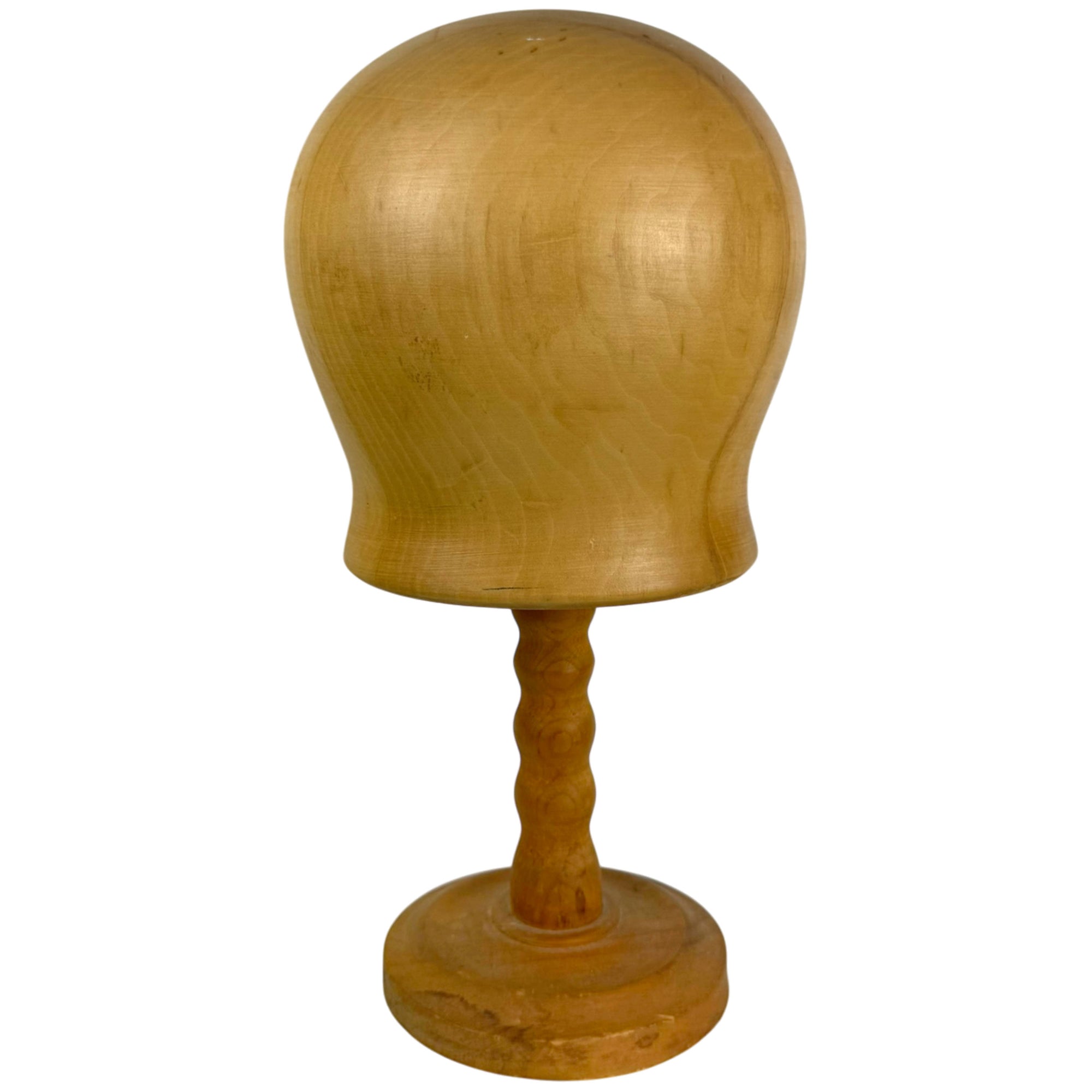 1950s maple millinery hat form with wooden stand