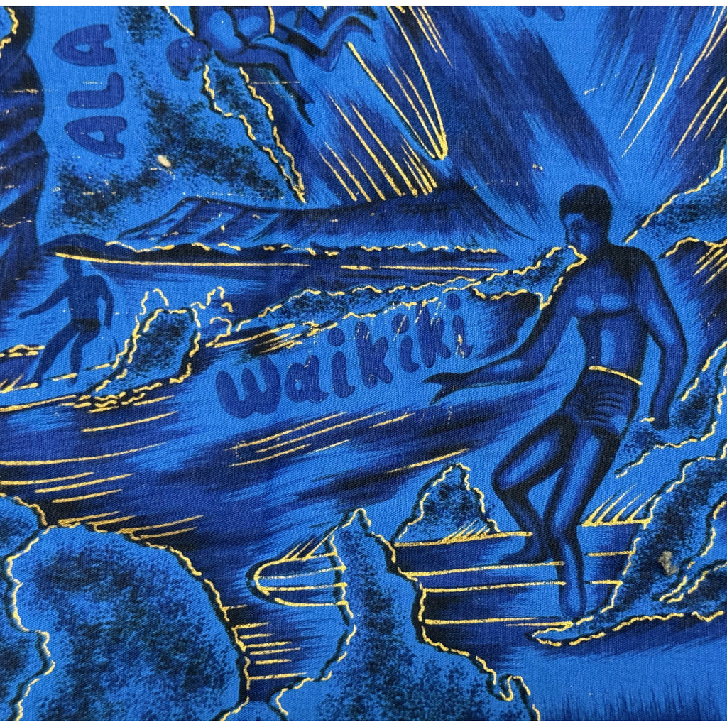 Vintage Hawaiian Surfing Print Sewing Fabric Blue Cotton Yardage Aloha Waikiki Surf Textile