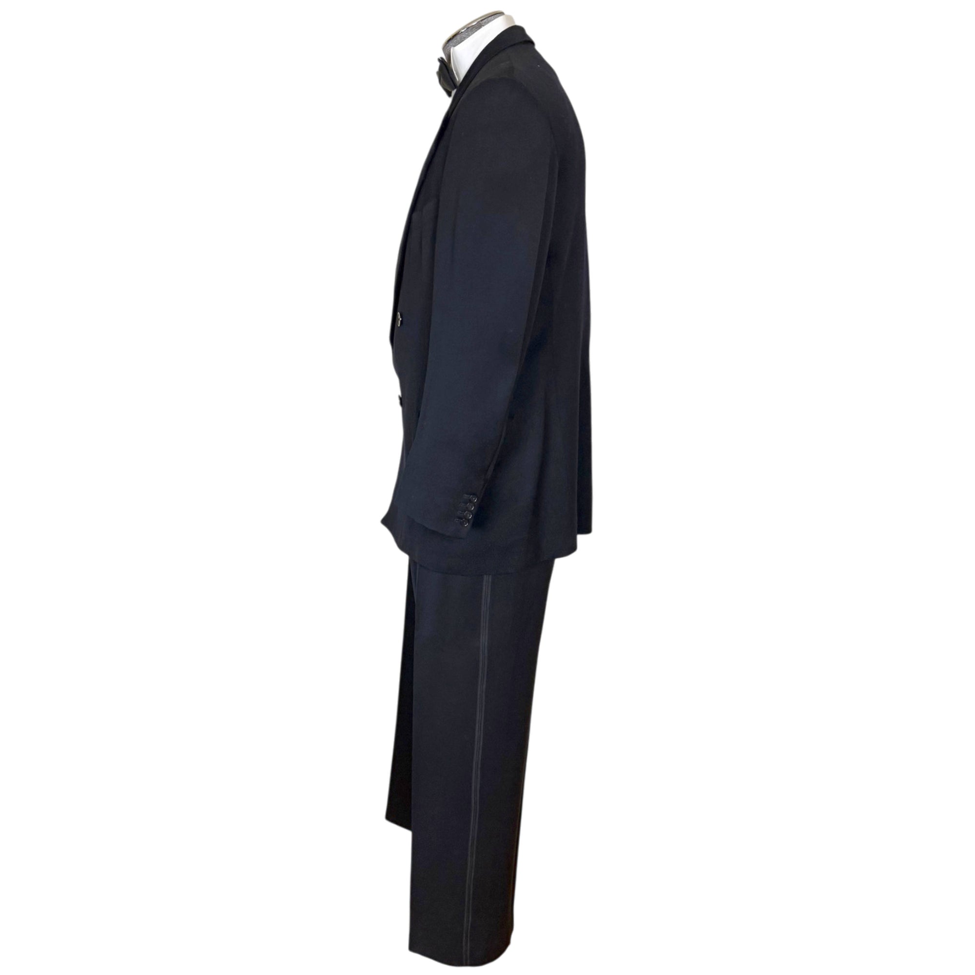 Left side view of Hector Powe London bespoke tuxedo 