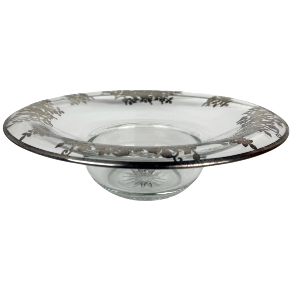 Vintage Heisey silver overlay bird motif glass bowl side profile