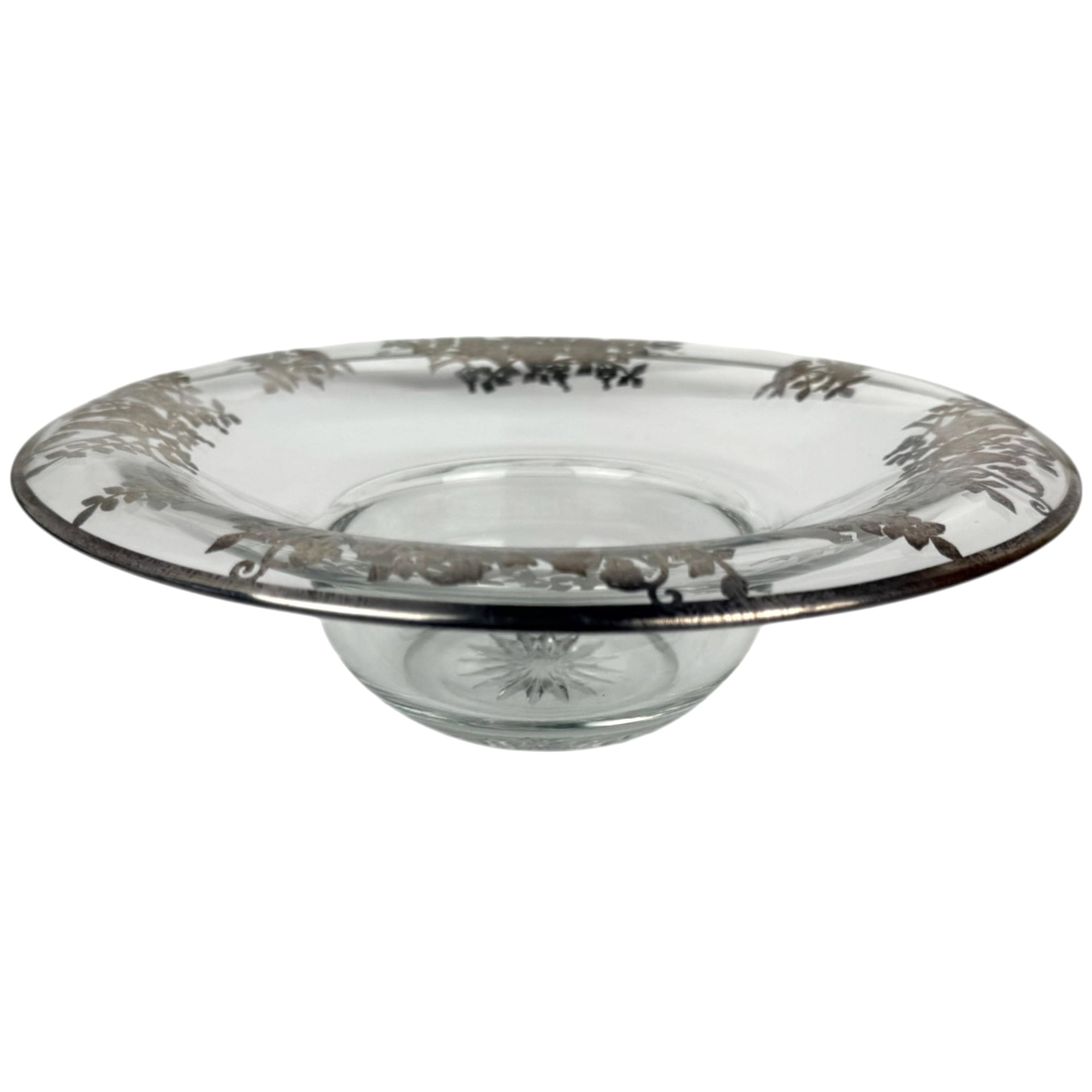Vintage Heisey silver overlay bird motif glass bowl side profile
