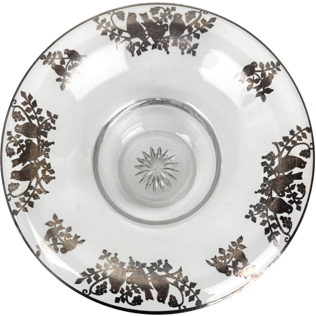 Heisey glass bowl with silver overlay lovebirds viewed from above