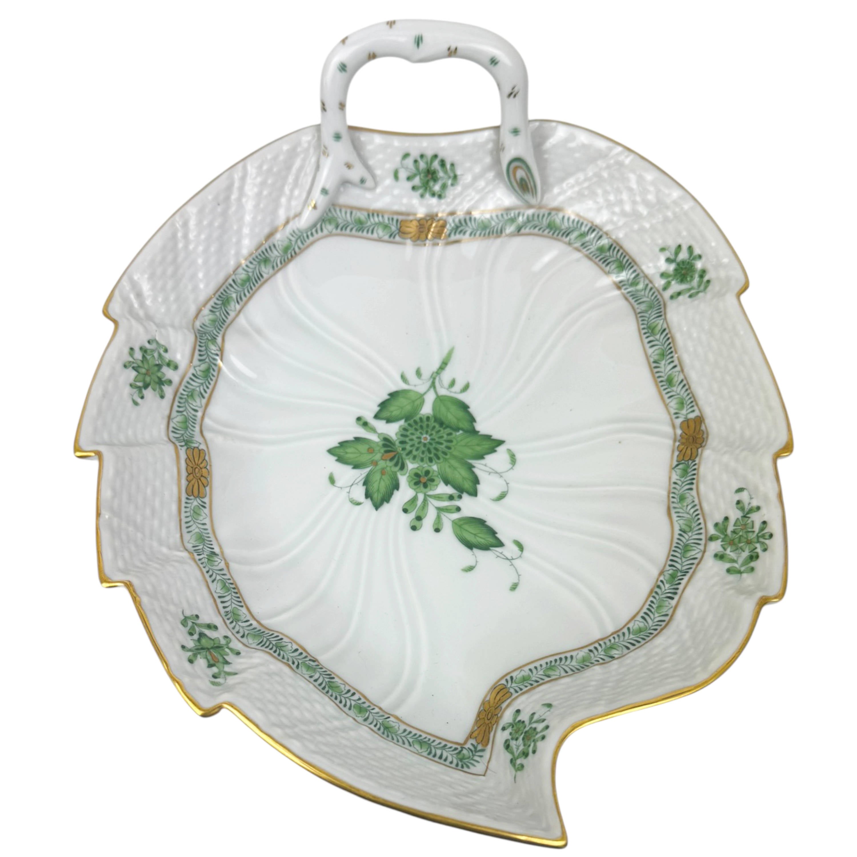 Vintage Herend Apponyi Green (Chinese Bouquet) Handled Leaf Dish