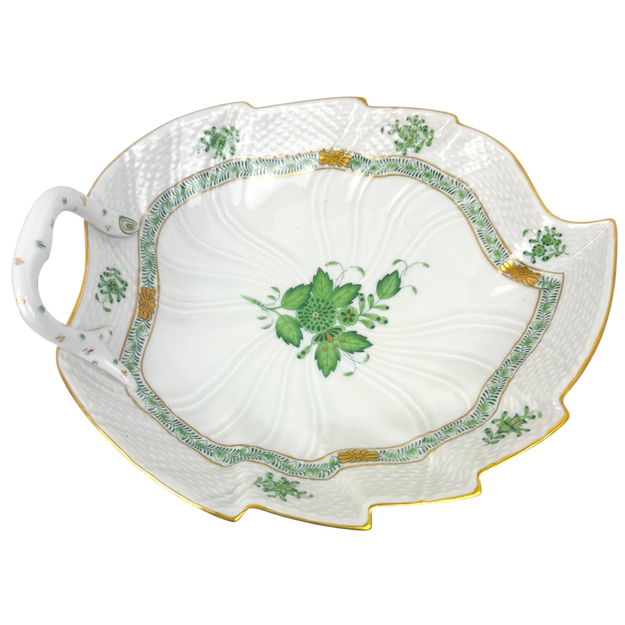 Vintage Herend Apponyi Green leaf dish with handle Chinese Bouquet AV