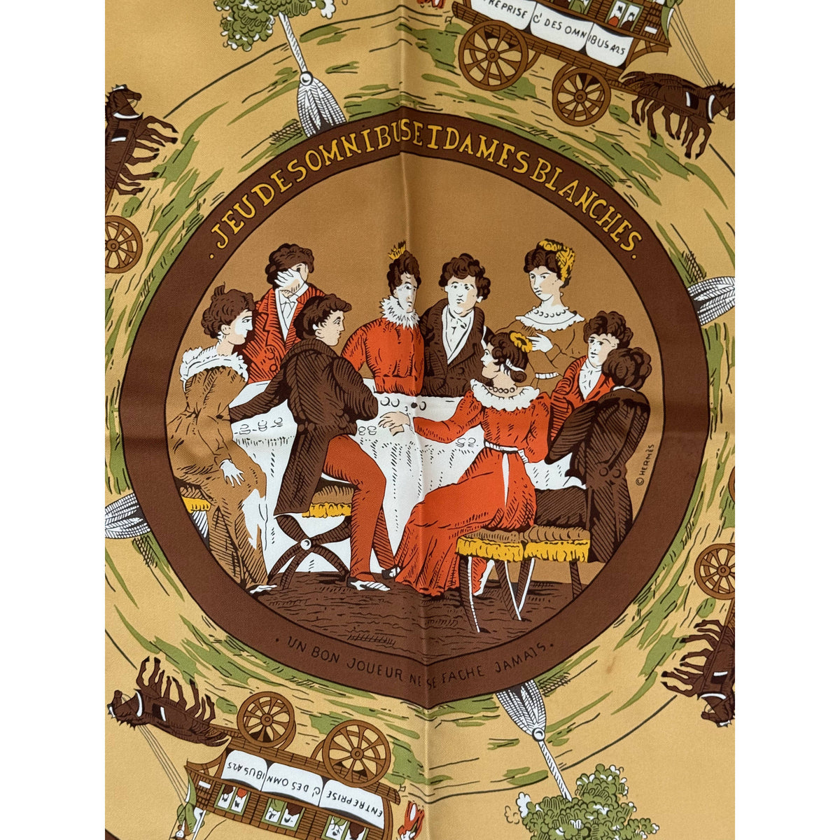 centre of Vintage Hermes Silk Scarf Jeu des Omnibus Hugo Grygkar 35”