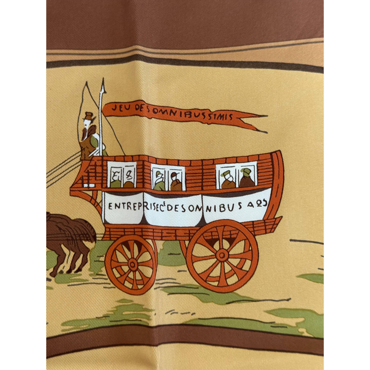 detail of Vintage Hermes Silk Scarf Jeu des Omnibus Hugo Grygkar 35”