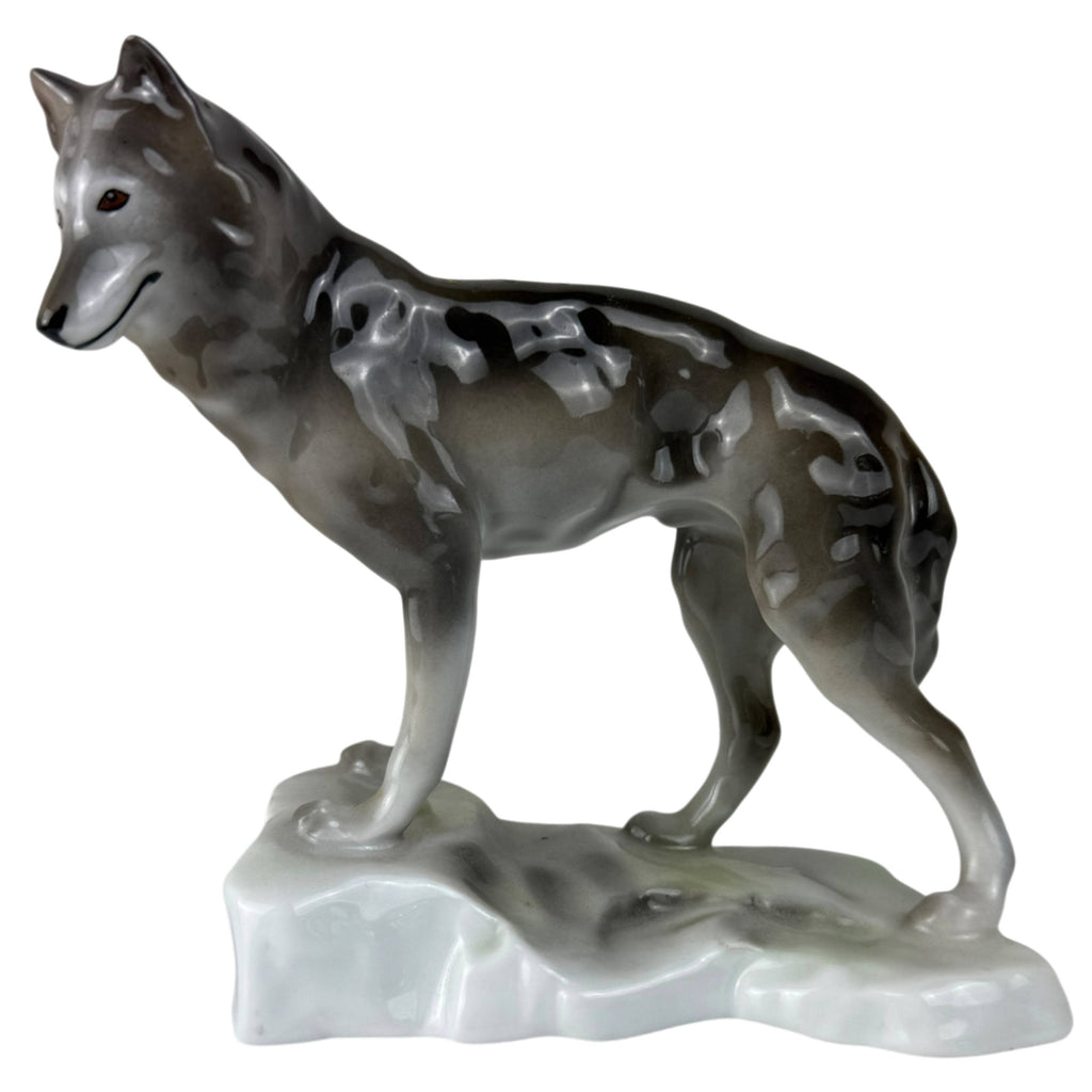 Vintage Hollóháza Wolf Porcelain Figurine Hungary Hand Painted