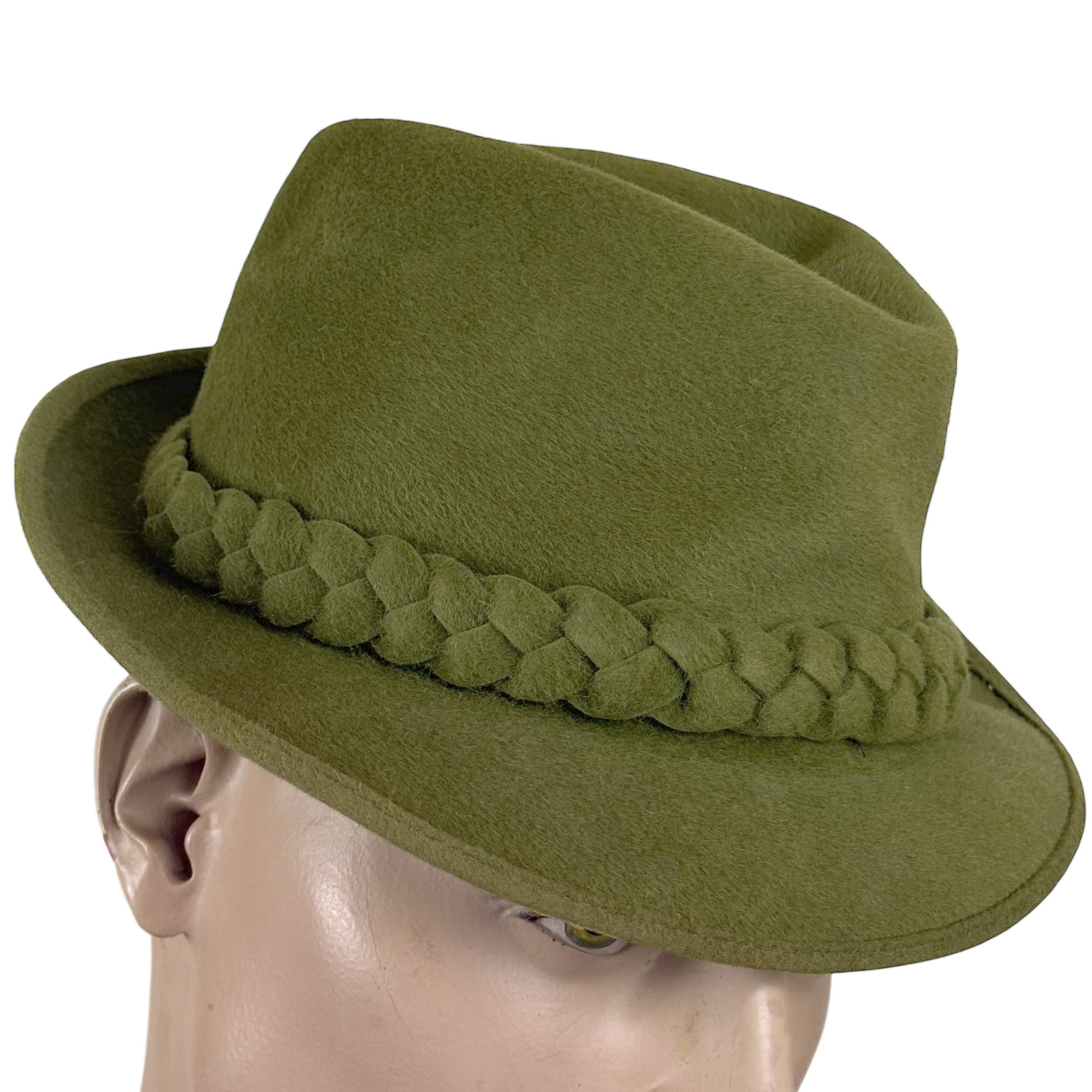 Side view of green 1950s fur felt fedora with overwelt brim