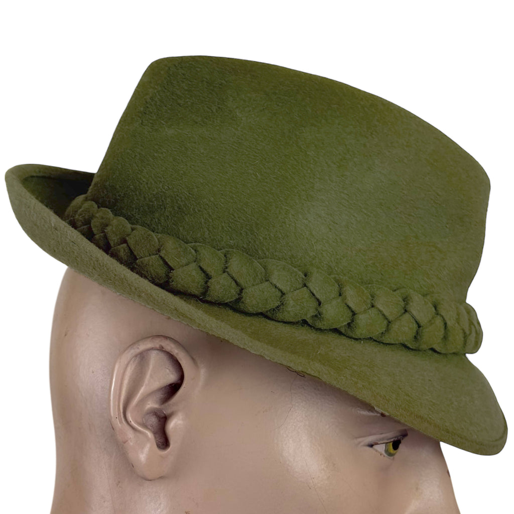 Side view of green 1950s fur felt fedora with overwelt brim
