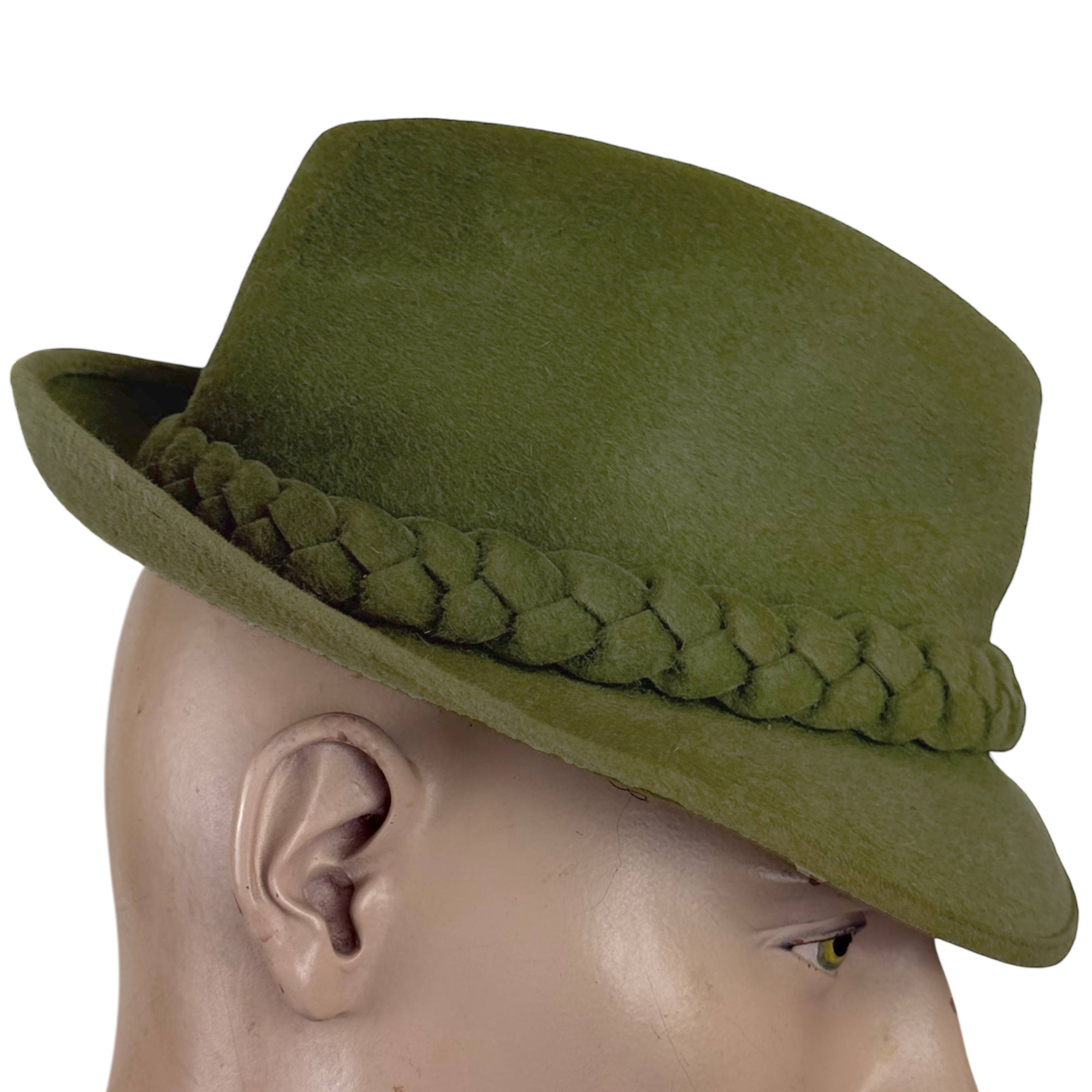 Side view of green 1950s fur felt fedora with overwelt brim