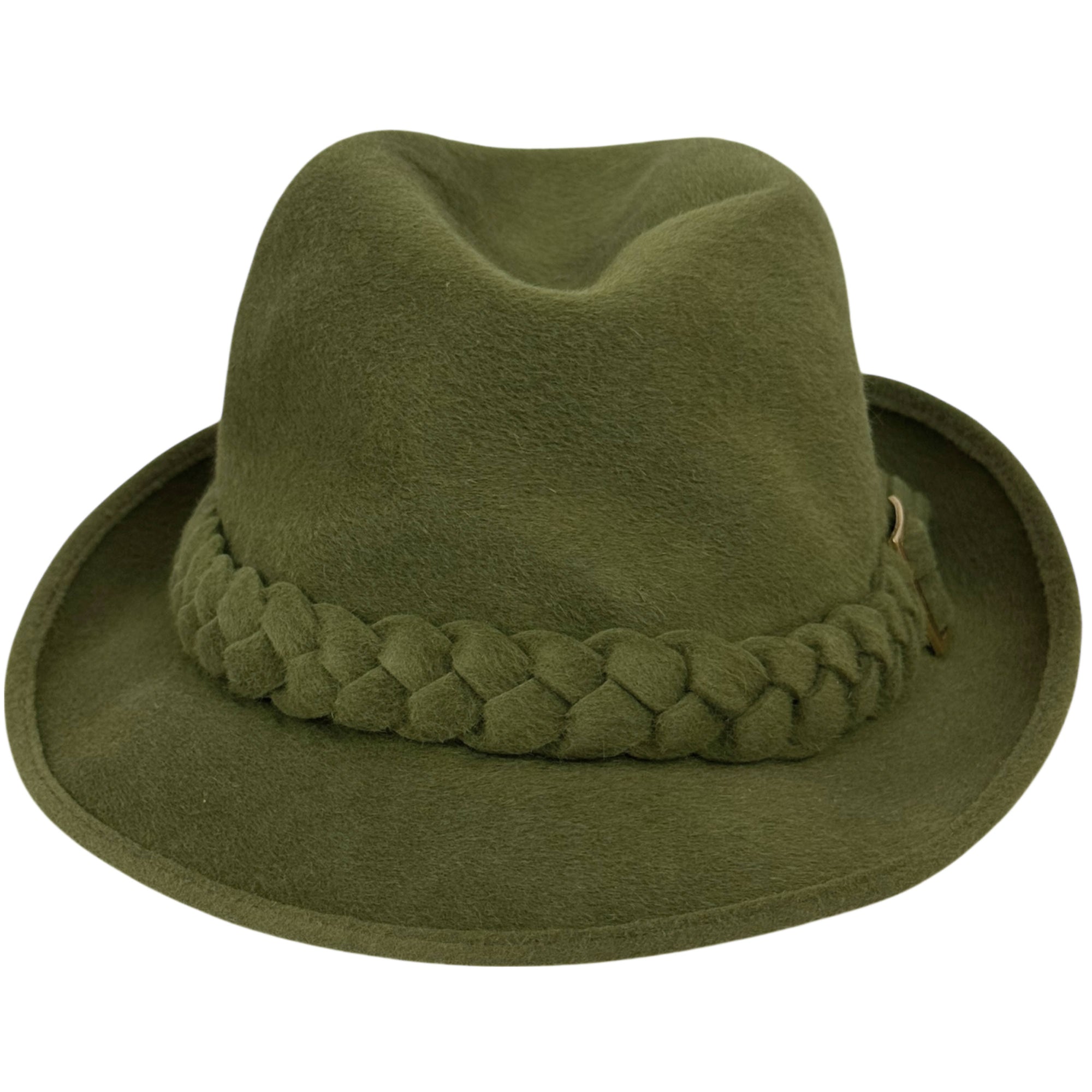 Front view vintage olive green fedora with structured crown