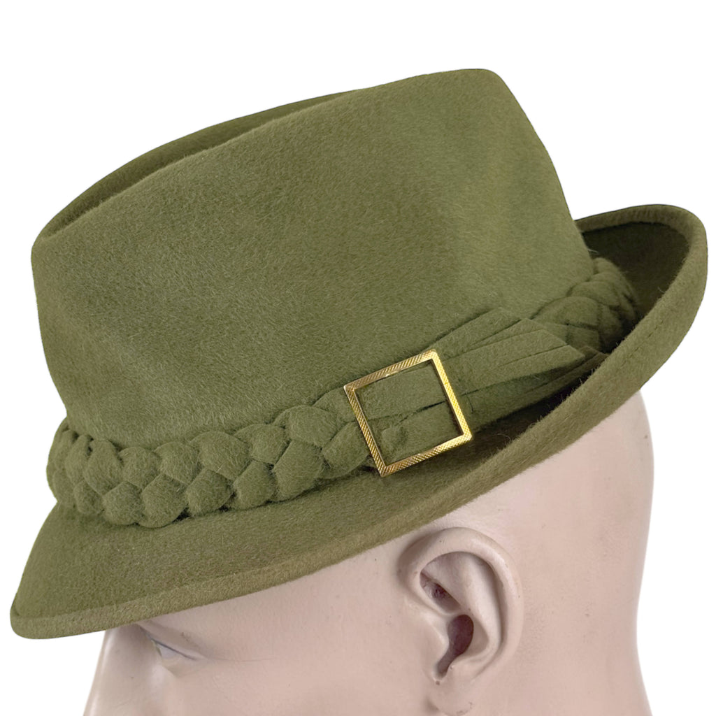 Olive green vintage fur felt fedora size 7 with stitched brim edge