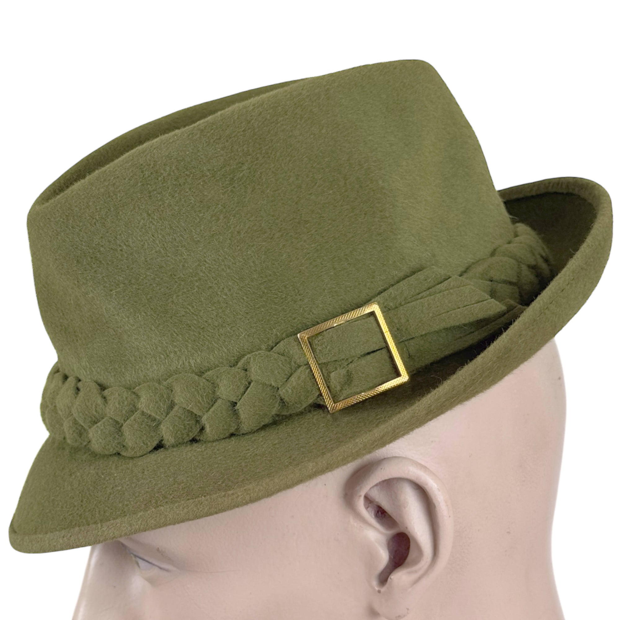 Olive green vintage fur felt fedora size 7 with stitched brim edge