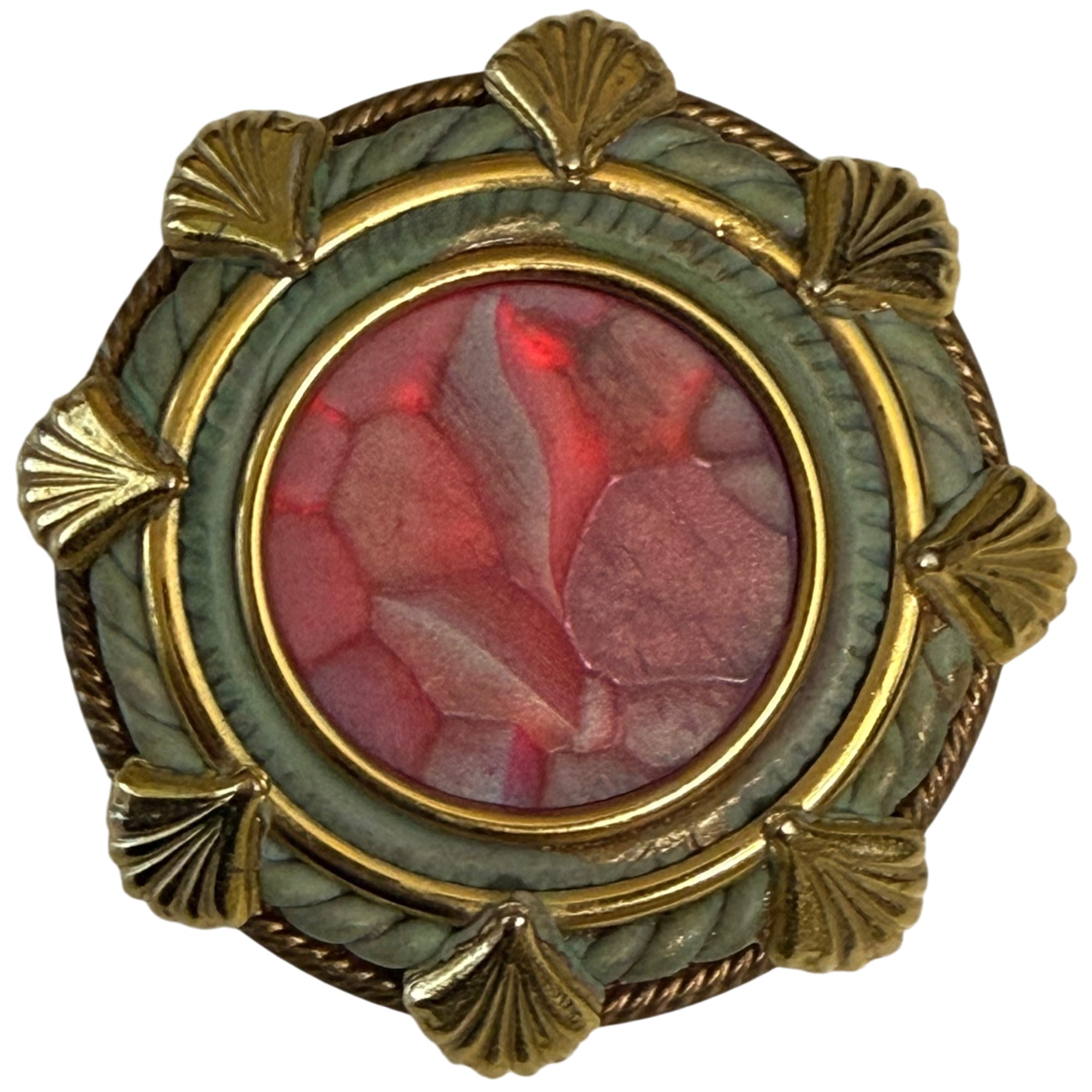 Vintage 1980s artisan brooch with red moulded glass centre