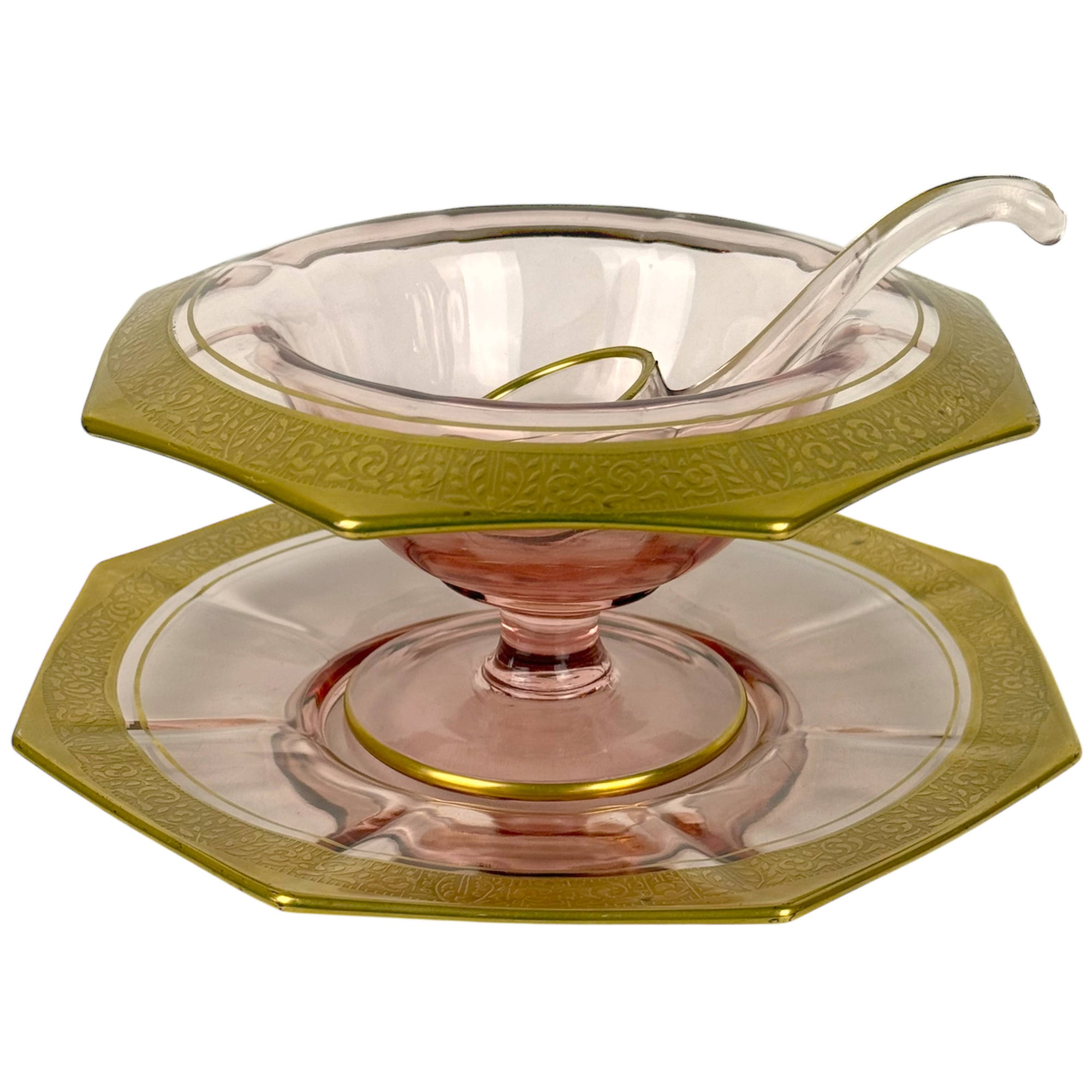 Vintage Imperial Glass Mayonnaise Set Pink Elegant Glass Gold Encrusted Border 1920s-30s