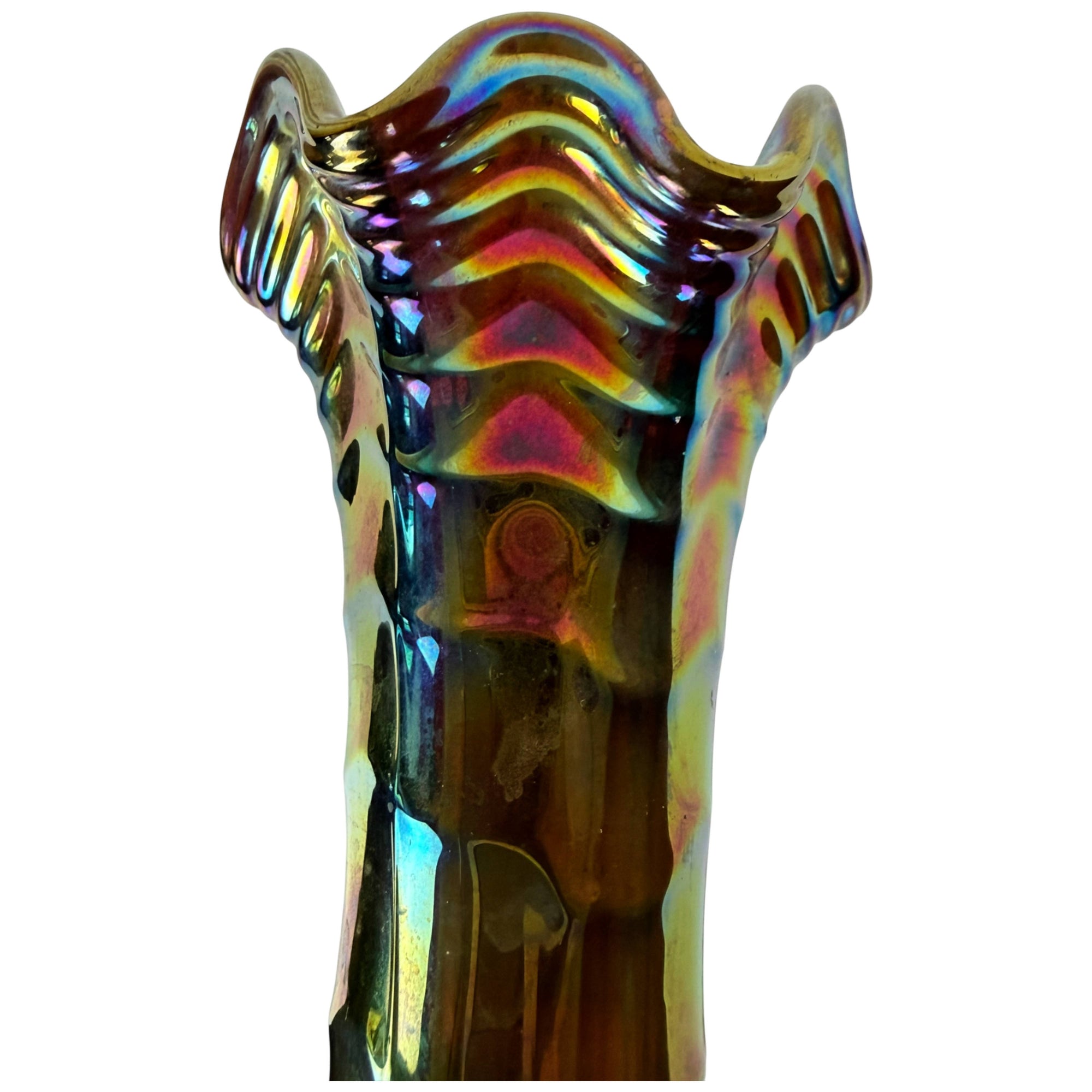 Ruffled rim of Imperial Ripple Carnival Glass vase