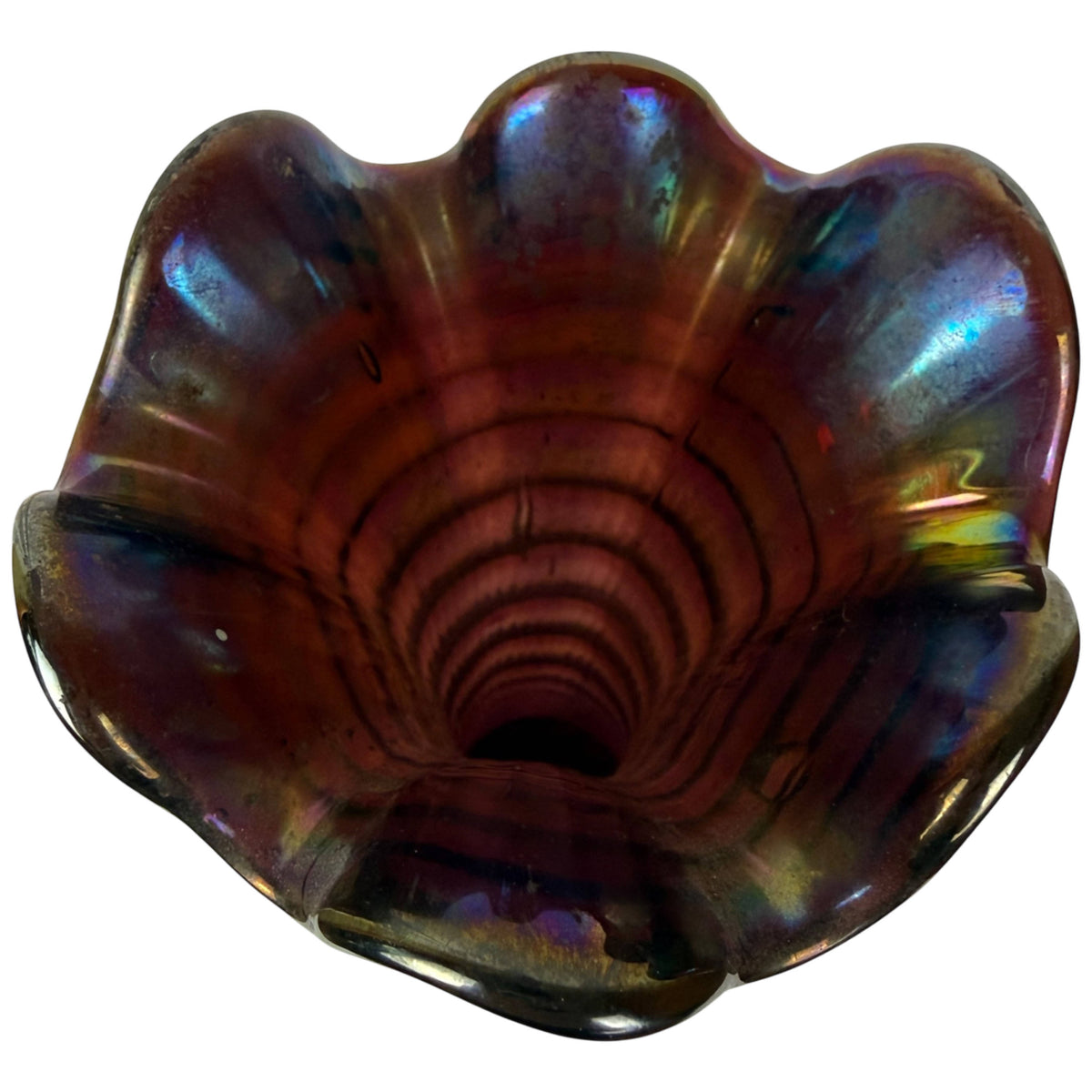 Interior of Imperial Ripple Carnival Glass vase