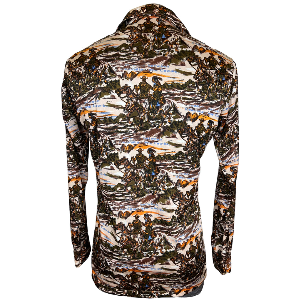 Vintage 1970s Disco Shirt Western Cowboy Indian Print Sz L
