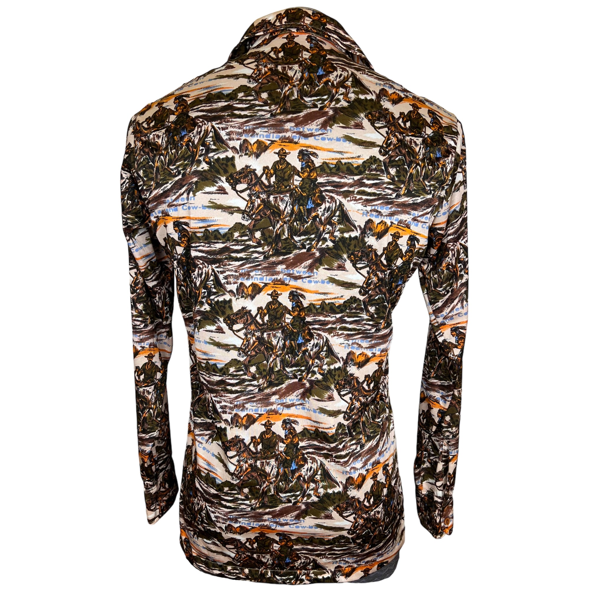 Vintage 1970s Disco Shirt Western Cowboy Indian Print Sz L