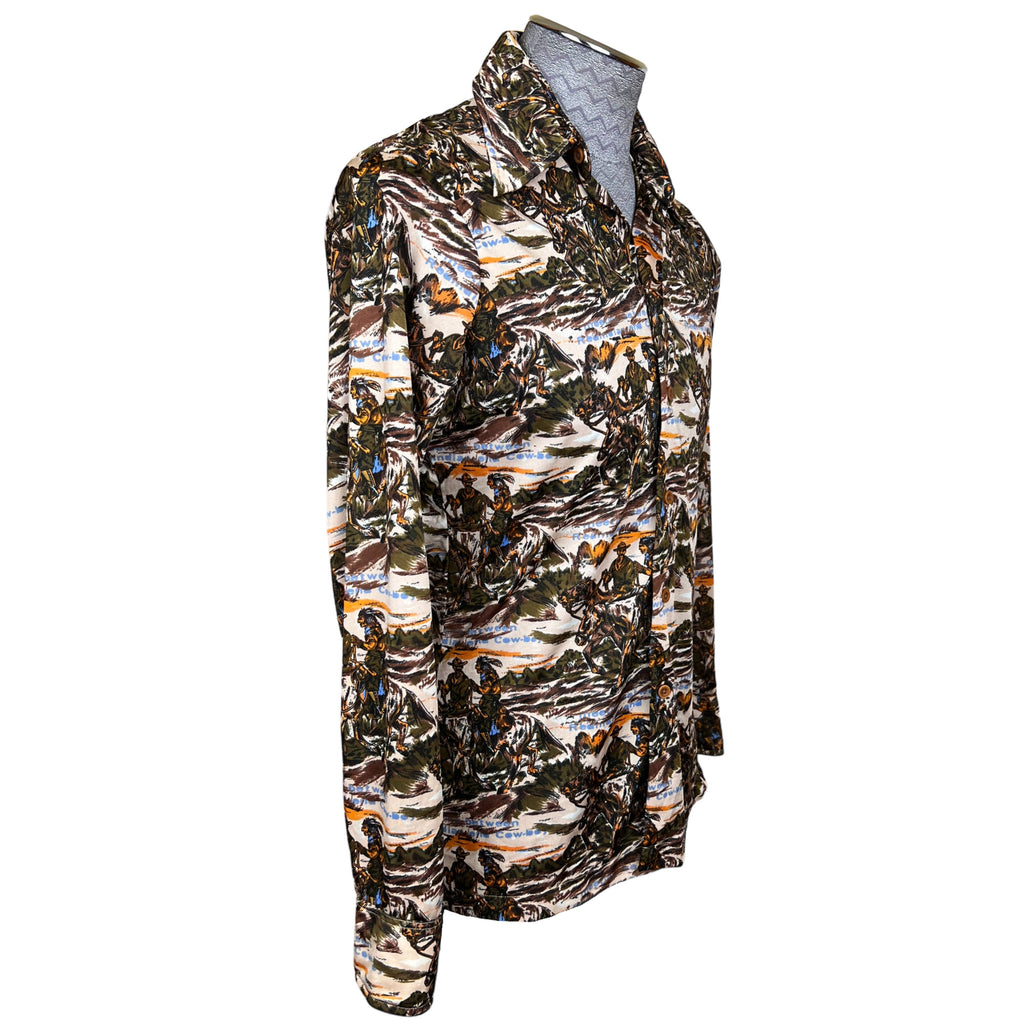 Vintage 1970s Disco Shirt Western Cowboy Indian Print Sz L
