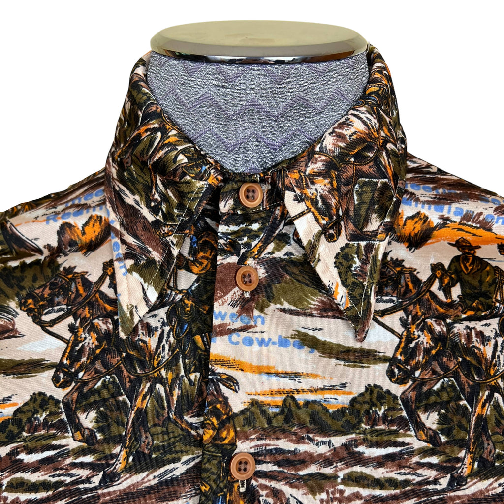Vintage 1970s Disco Shirt Western Cowboy Indian Print Sz L