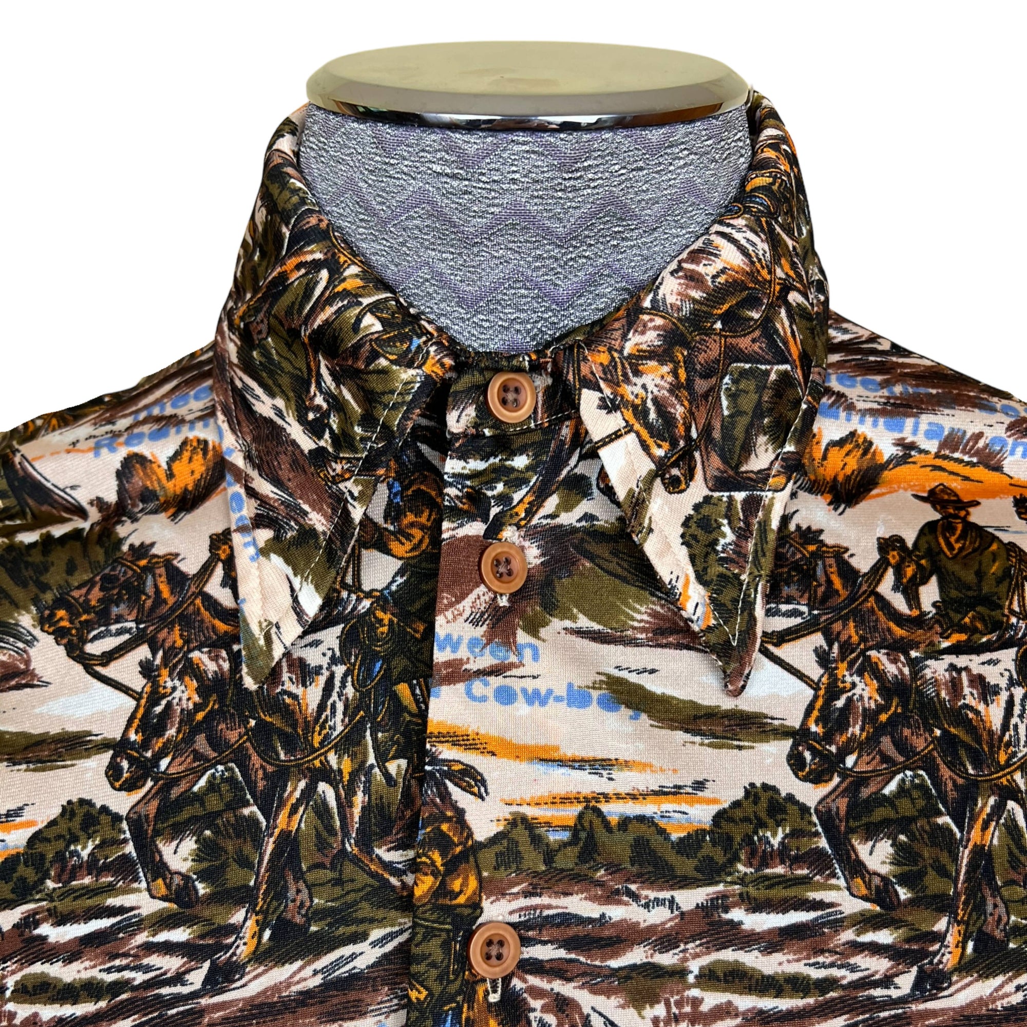 Vintage 1970s Disco Shirt Western Cowboy Indian Print Sz L