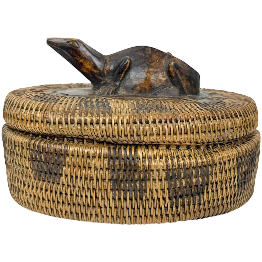 Vintage Indonesian Wicker Basket with Carved Komodo Dragon