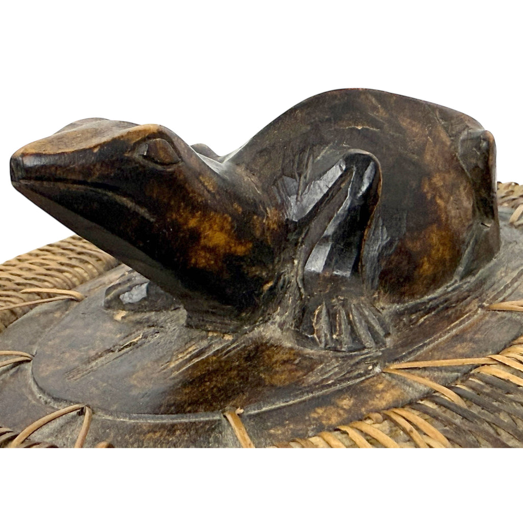 Vintage Indonesian Wicker Basket with Carved Komodo Dragon