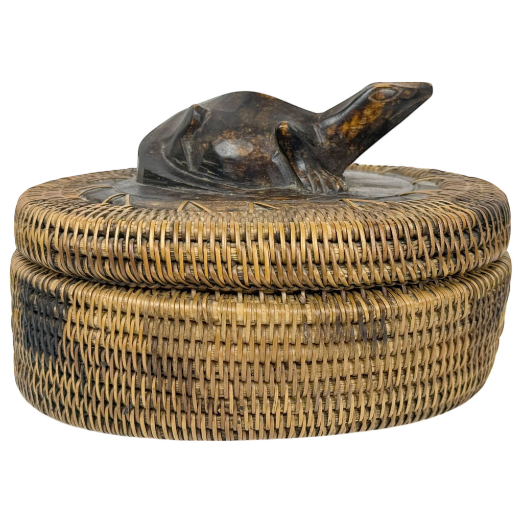 Vintage Indonesian Wicker Basket with Carved Komodo Dragon