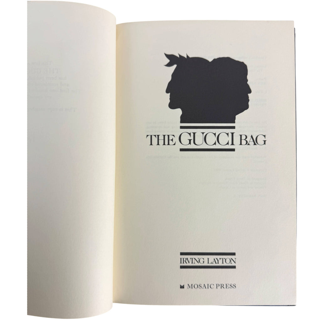 An open book showing the title page of 'The Gucci Bag' by Irving Layton, published by Mosaic Press. The page features a black silhouette of two profiles with a bow on the left, set against an off-white background.
