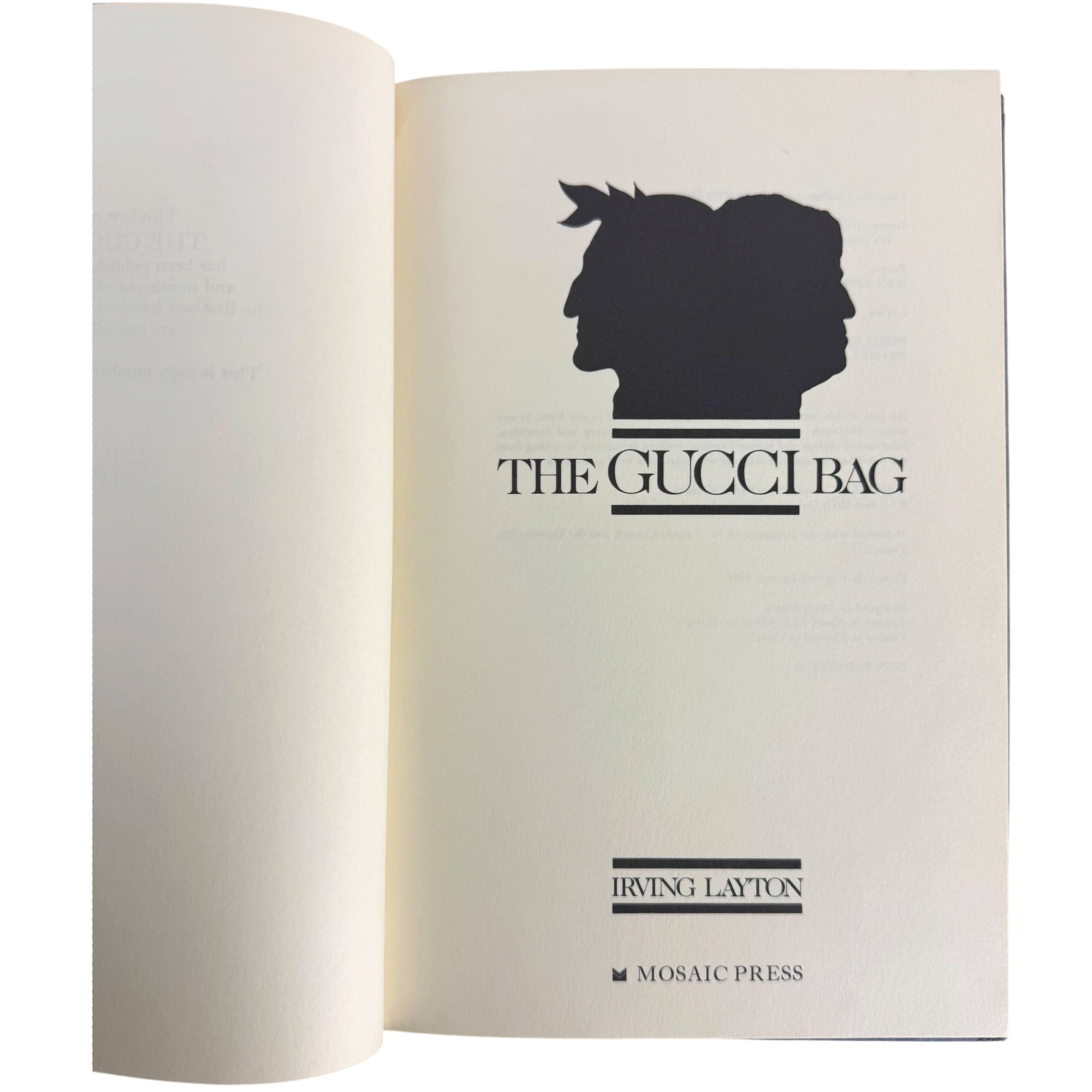 An open book showing the title page of 'The Gucci Bag' by Irving Layton, published by Mosaic Press. The page features a black silhouette of two profiles with a bow on the left, set against an off-white background.